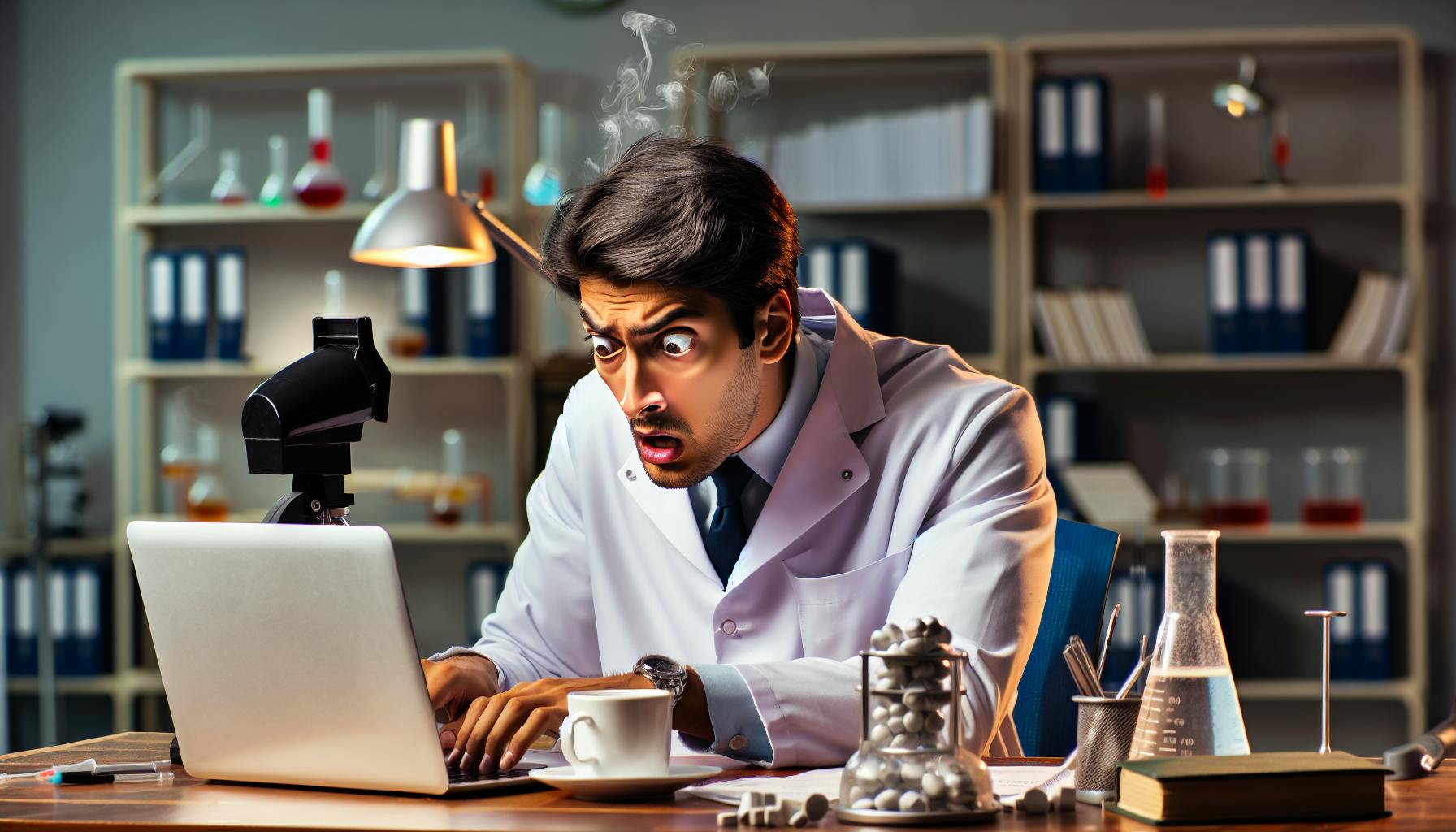 A quirky image of a “scientist” with a laptop and coffee