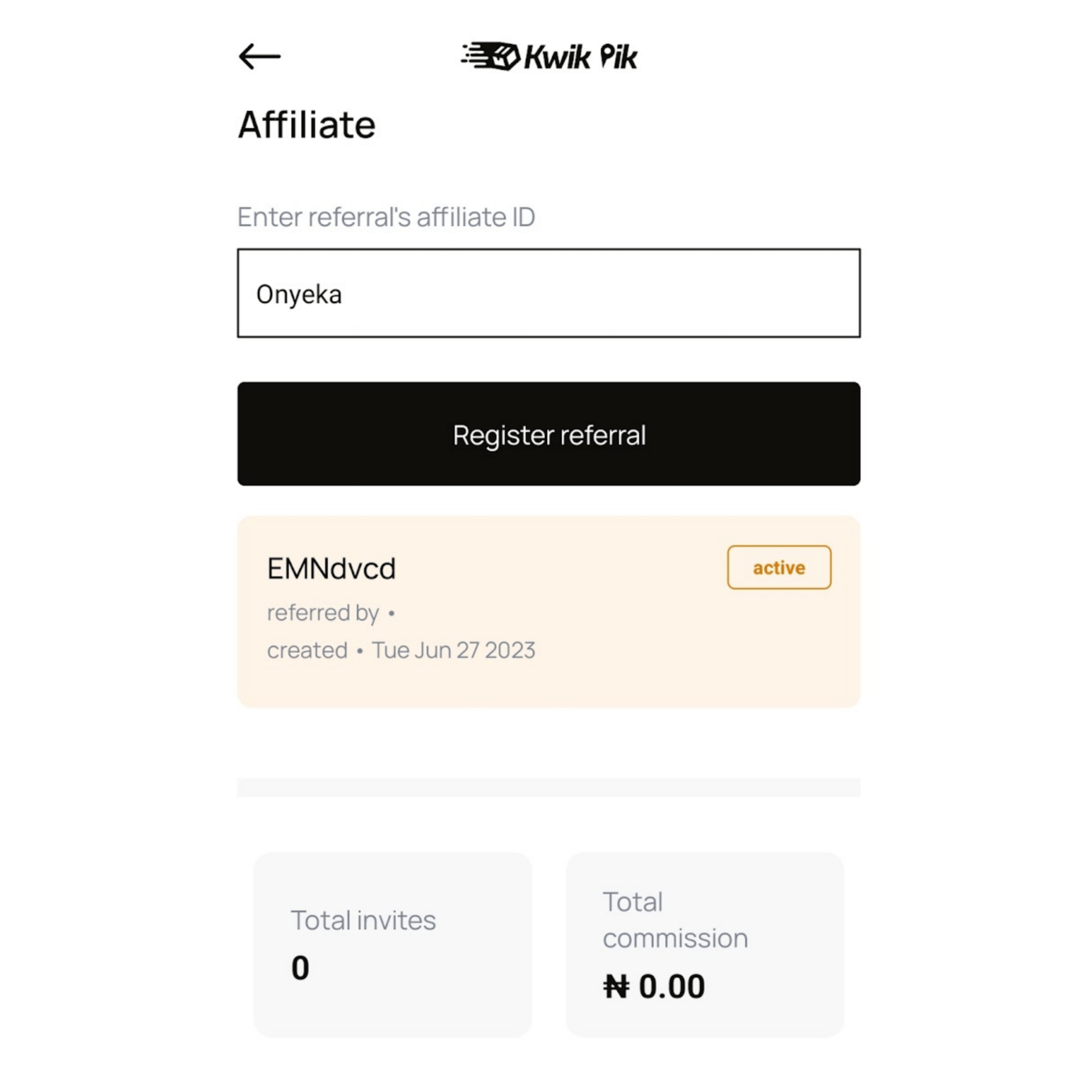 Kwikpik's app affiliate dashboard 