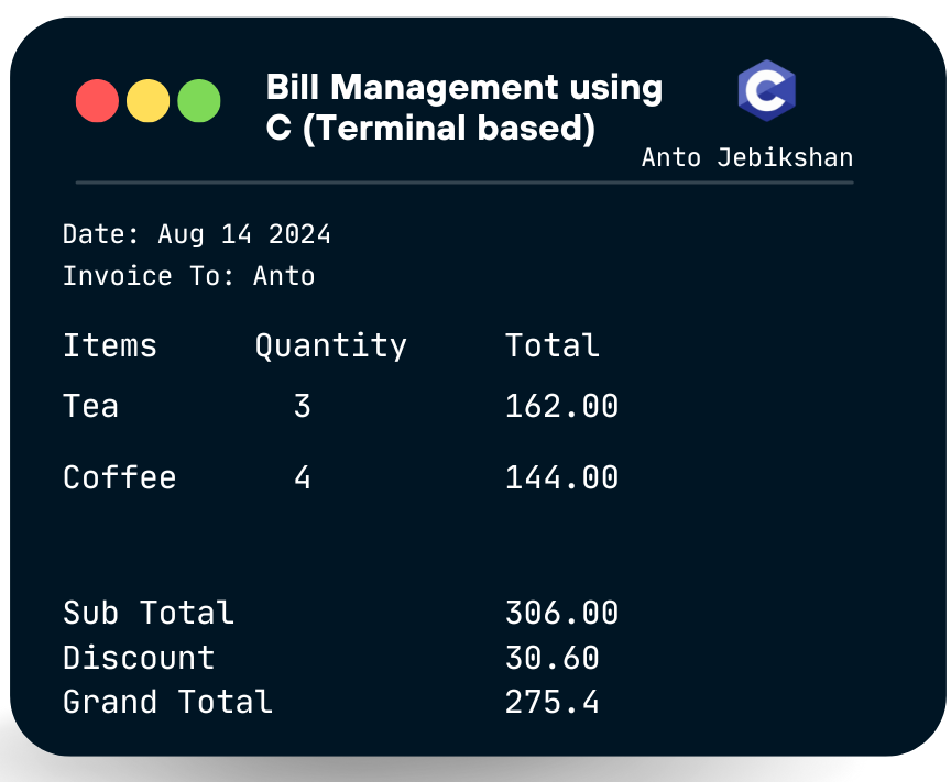 Bill Management using C (Terminal based)