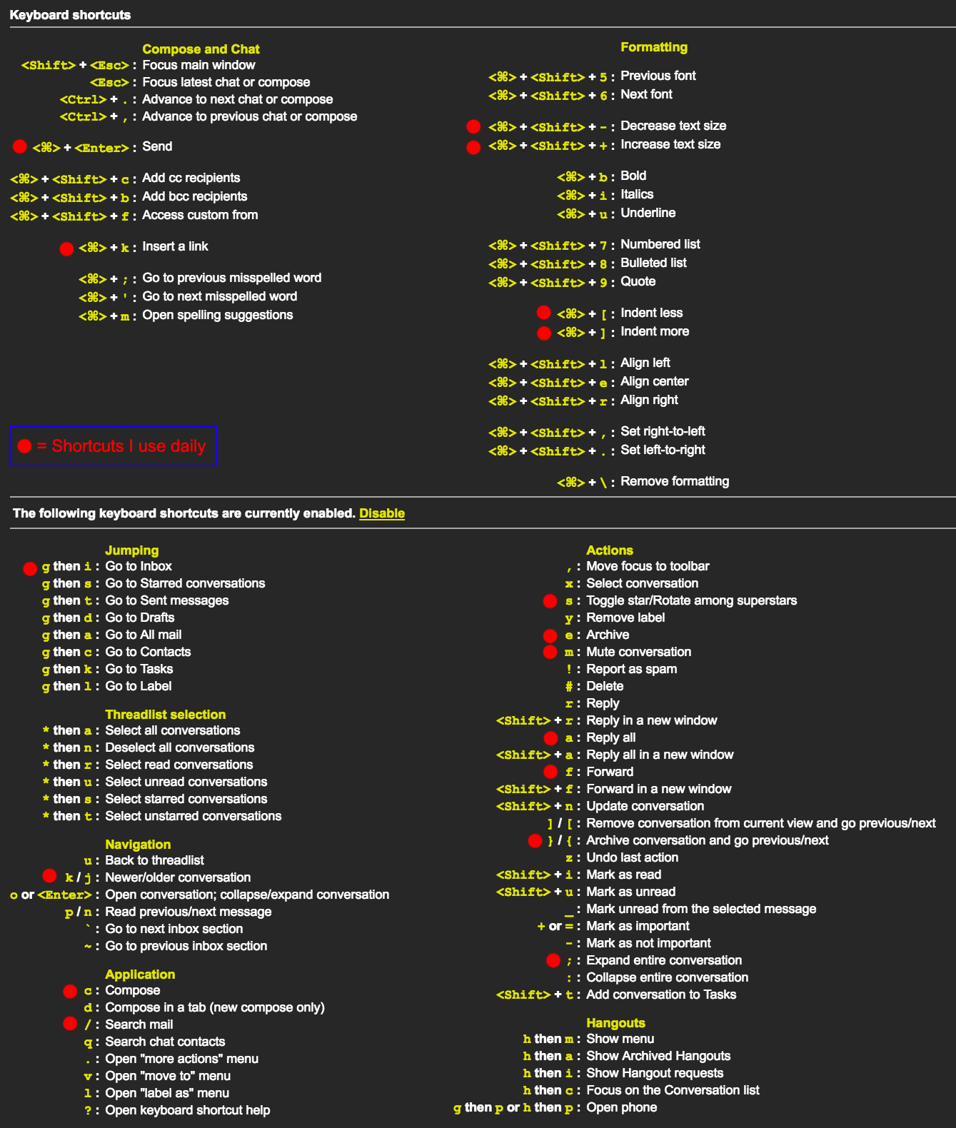 Screenshot of all Gmail shortcuts accessible from inside of Gmail by typing "?"