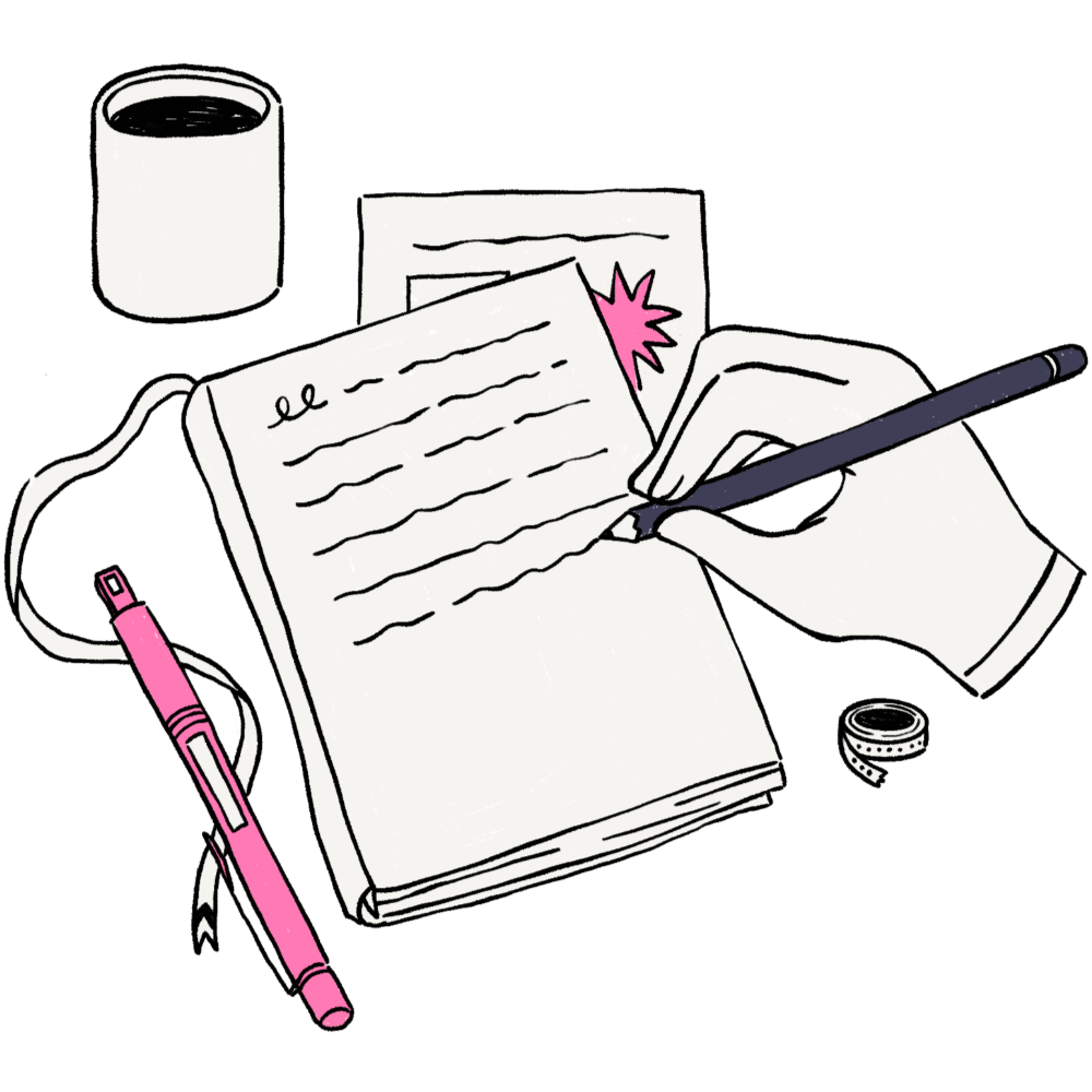 Illustration of a hand writing in a notebook with a pen. Nearby are a cup of coffee, some papers, a pink marker, and a roll of tape.