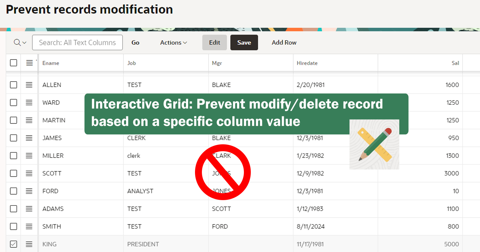 Interactive Grid: Prevent modify/delete record based on a specific column value