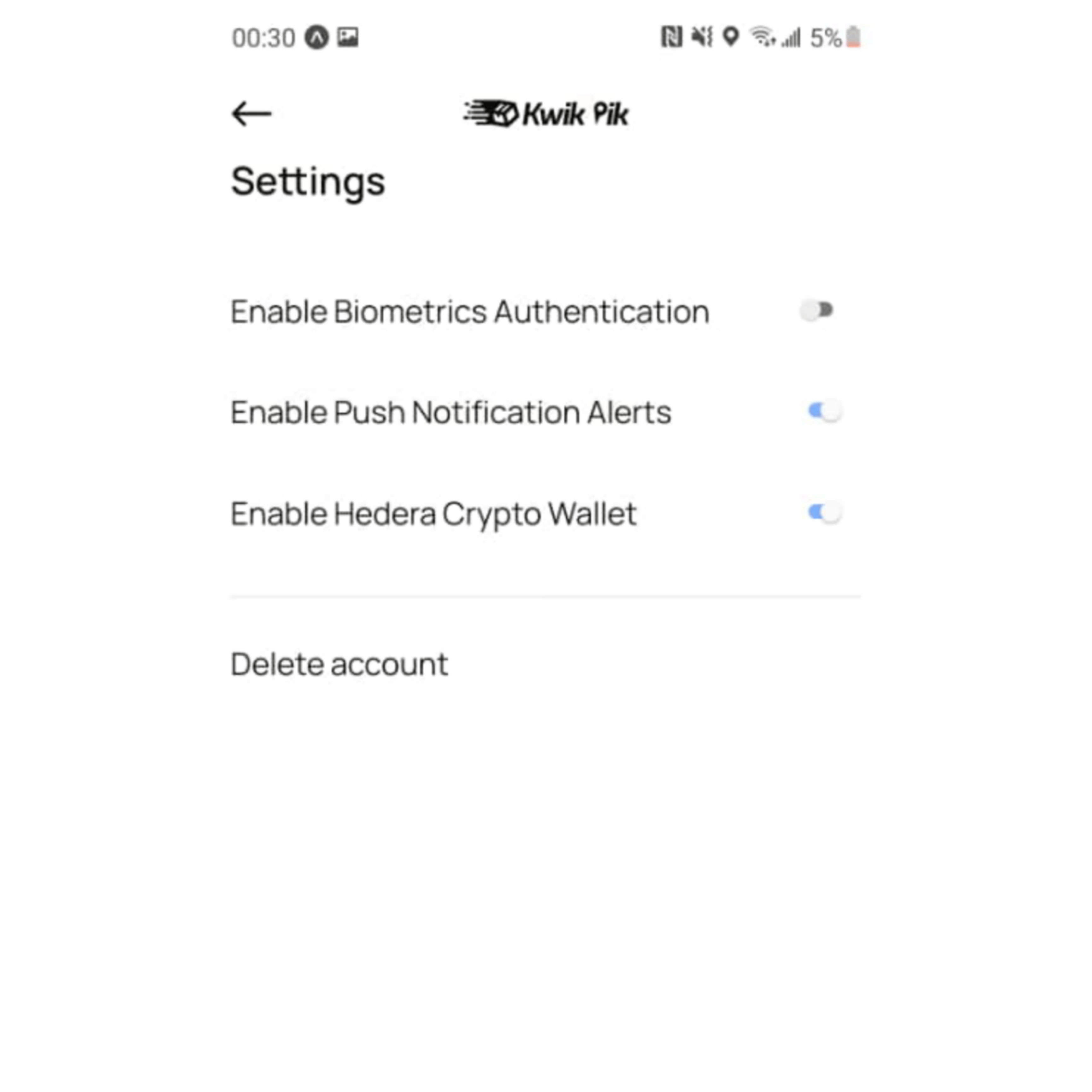 Kwikpik app settings