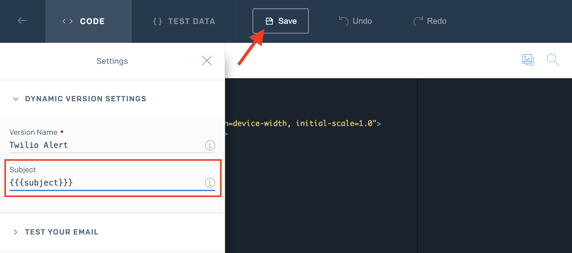 A screenshot illustrating the process of saving dynamic templates in SendGrid. The image is split into two sections, with a prominent top bar featuring various buttons including a back button (depicted by a left arrow) and a Save button, both highlighted by red arrows. On the left side, the 'dynamic version settings' interface is displayed, showcasing fields such as 'Version name' and 'Subject,' with the latter highlighted in a red rectangular box.