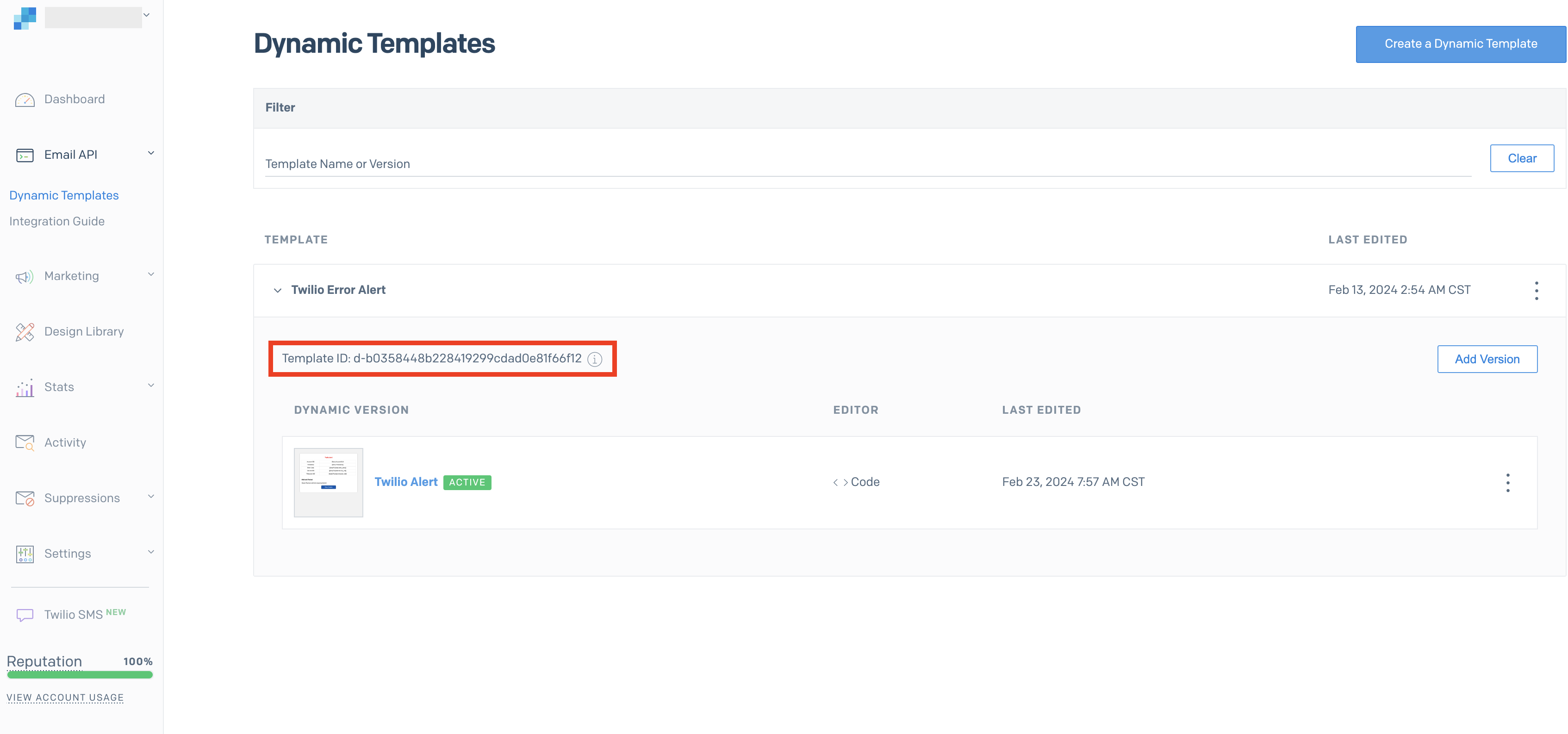 A screenshot of the SendGrid console displaying the dynamic templates page. One template named 'Twilio Alert' is visible, with a 'Template ID' highlighted in a red rectangular box.