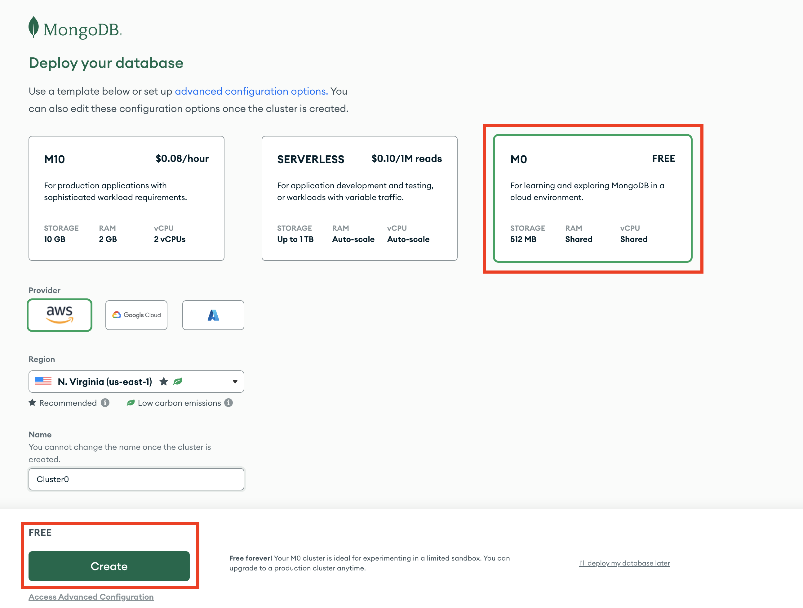 Image illustrating the process of creating a MongoDB cluster. The M0 cluster option and the 'Create' button are highlighted within a red rectangular box.