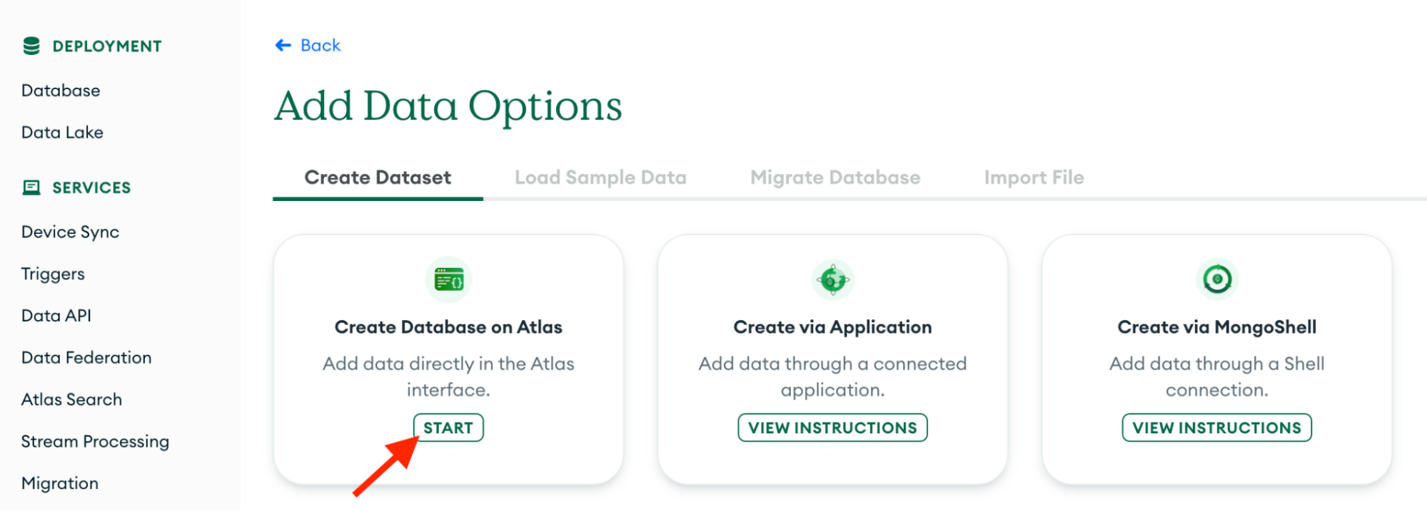 Image displaying the 'Add Data' options in MongoDB. Within the 'Create Database on Atlas' option, a red arrow points to the 'Start' button.