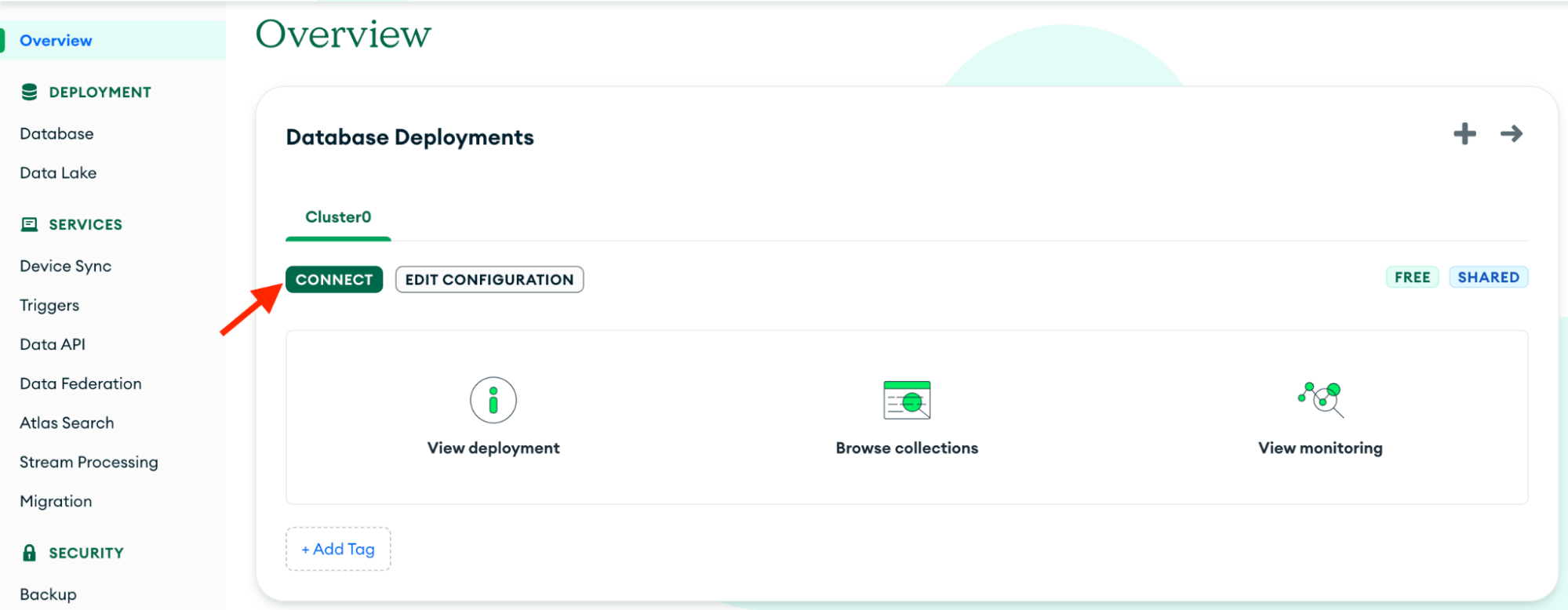 Image displaying the MongoDB overview section. A red arrow points to the 'Connect' button.