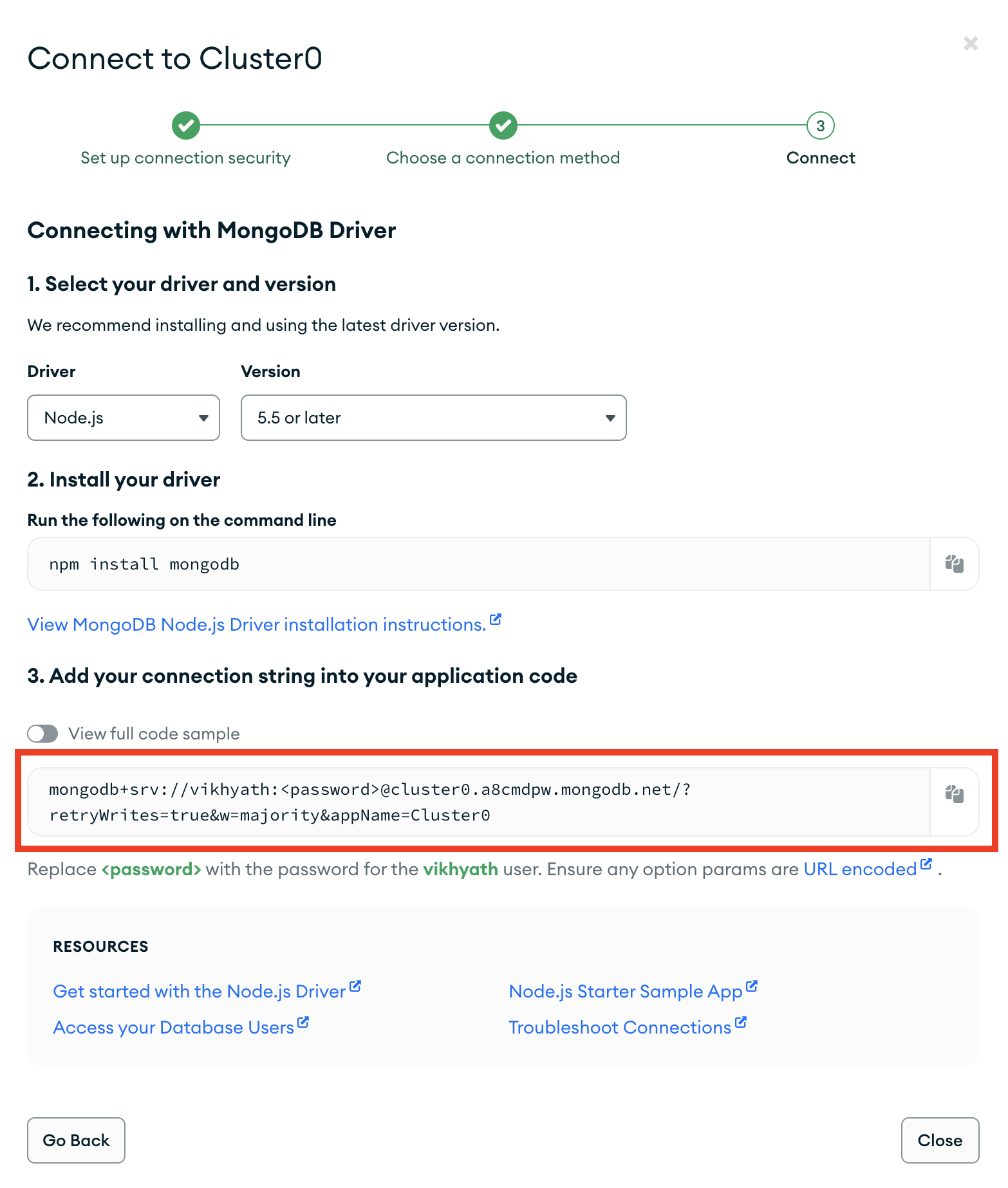 Image displaying MongoDB connection details. The connection string is highlighted within a red rectangular box.