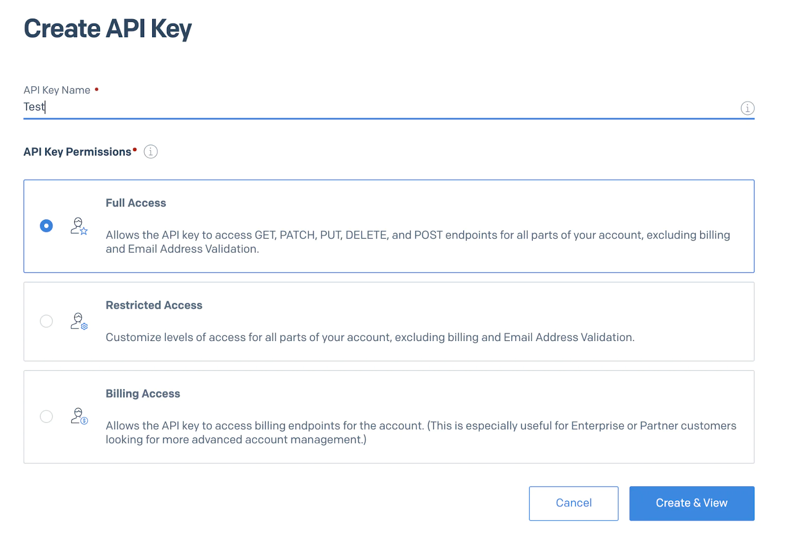 Image depicting the process of generating an API Key in SendGrid. It includes a mandatory 'API Key Name' field for entering the key's name, three vertically aligned radio buttons for selecting permissions ('Full Access', 'Restricted Access', 'Billing Access'), and buttons for creating ('Create & View') or canceling the process.