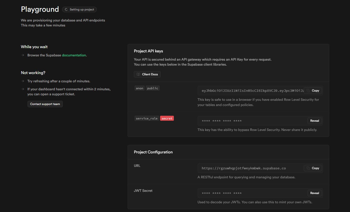 Supabase project dashboard