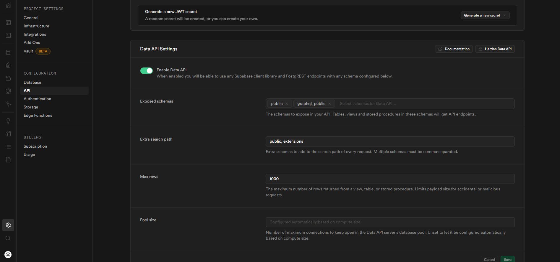Supabase Data API Settings
