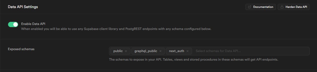 Exposed schemas Data API Settings