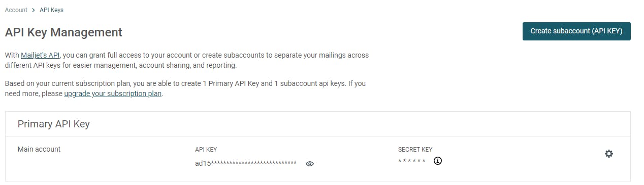 Screenshot showing the Primary API key and the Secret Key