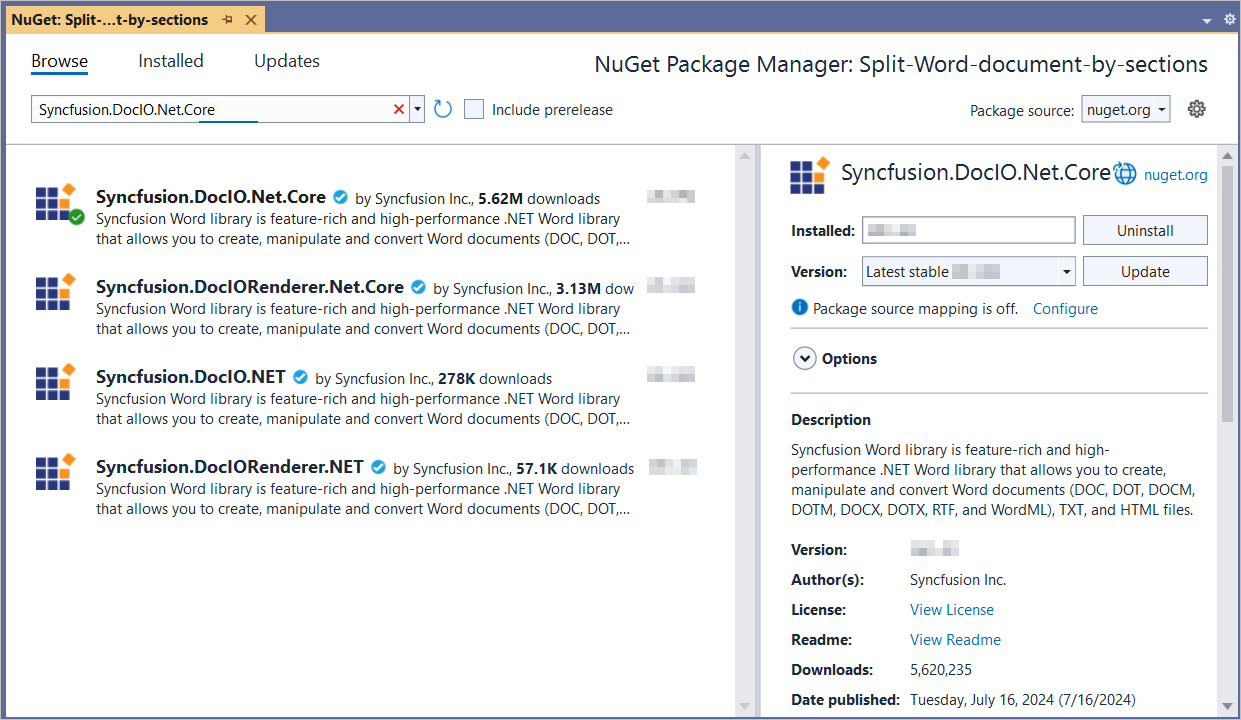 Install the Syncfusion.DocIO.Net.Core NuGet package