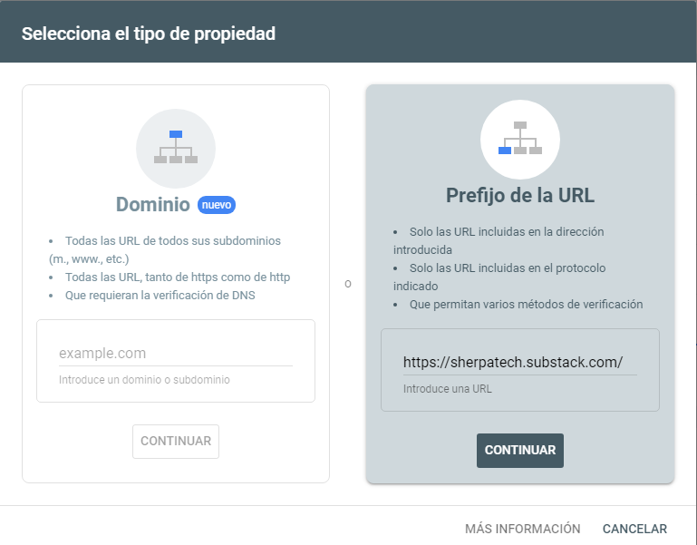 seleccionar el tipo de propiedad en google search console