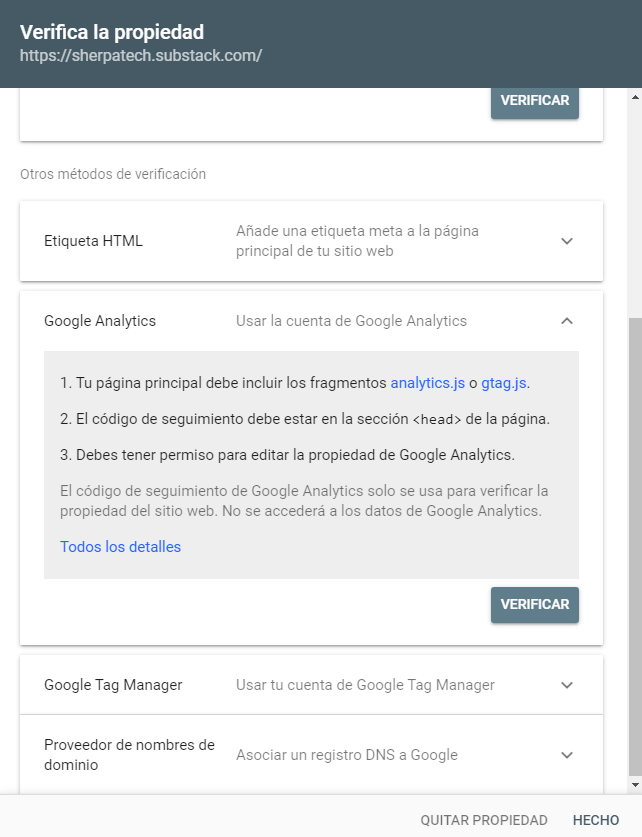 verifica la propiedad en google search console