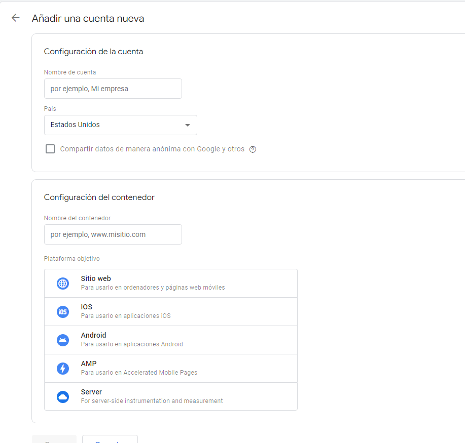 Añadir nueva cuenta en Google Tag Manager