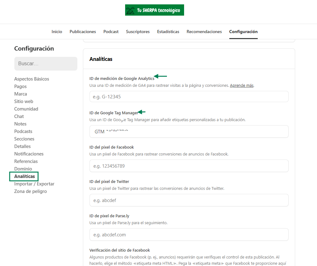 configuración de analiticas en substack