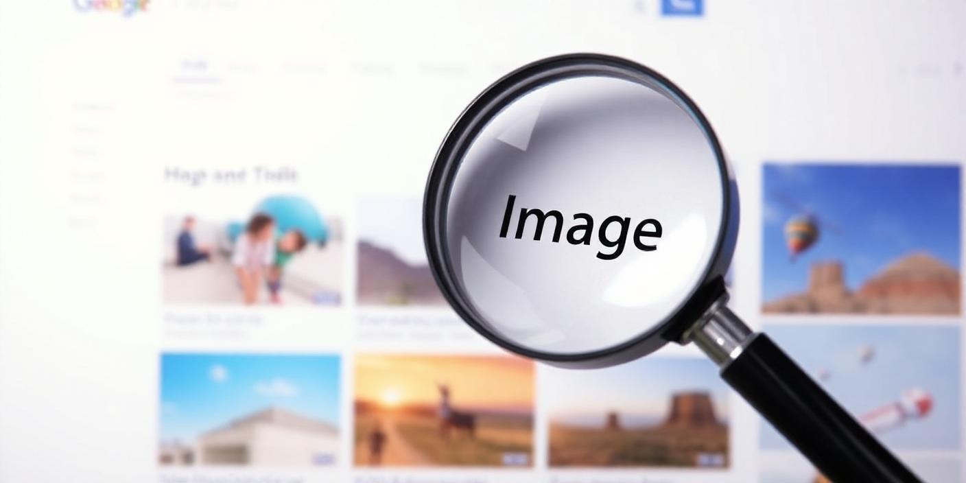 A magnifying glass hovering over a webpage with images, representing the importance of image optimization for search engine visibility.