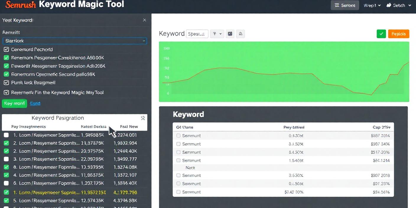 Semrush's Keyword Magic Tool displaying keyword suggestions and metrics.