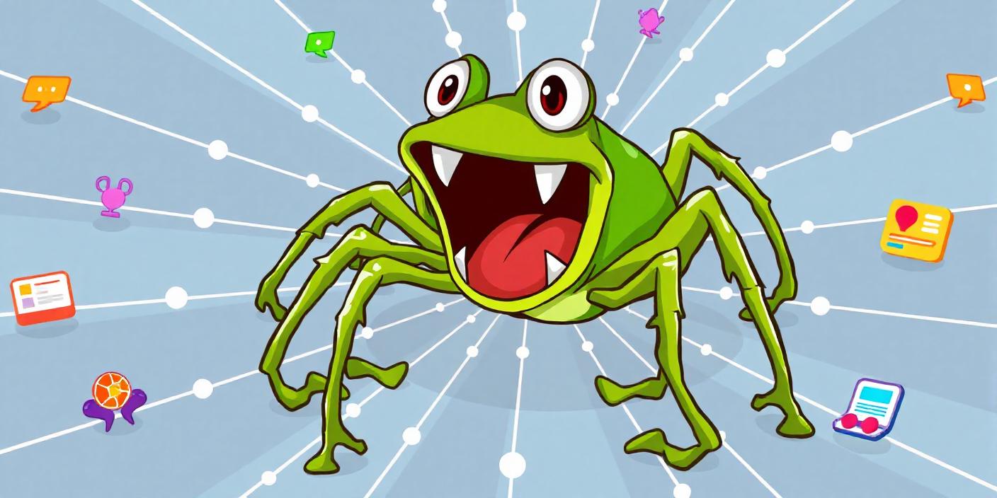 Screaming Frog SEO Spider crawling a website, represented by a web of interconnected lines.