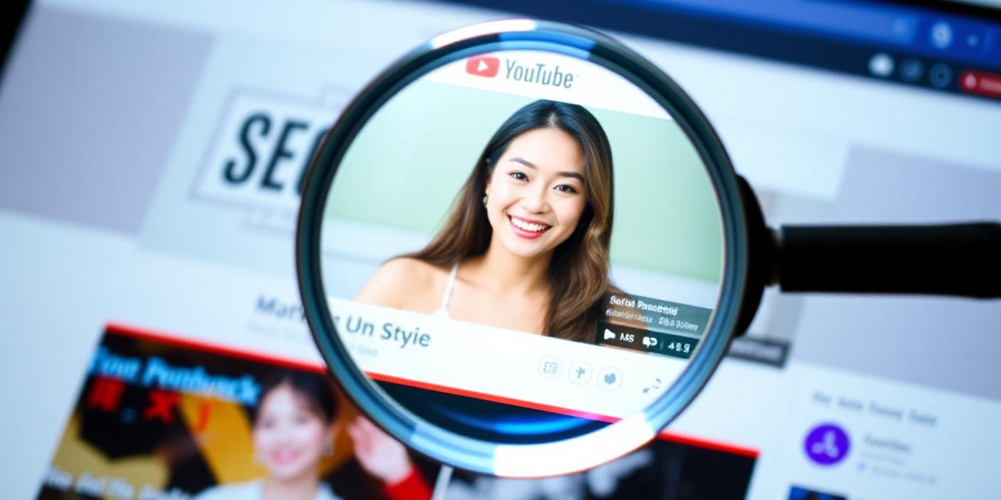 A magnifying glass hovering over a YouTube video thumbnail, symbolizing optimizing video content for search engines.