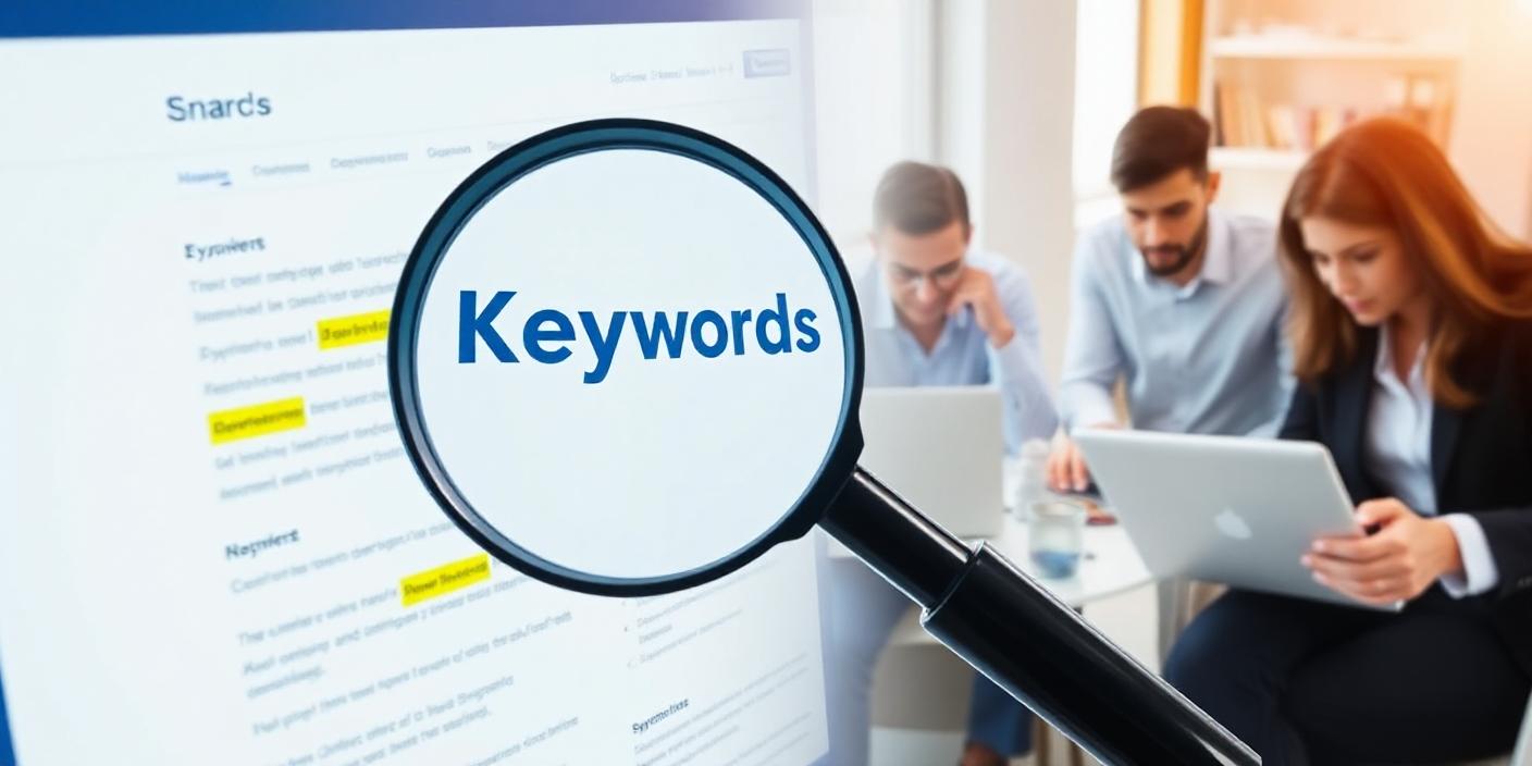 A magnifying glass hovering over a webpage, with highlighted keywords revealing their importance in search engine optimization. The image emphasizes the critical role of keyword research and optimization in improving a blog post's visibility and attracting targeted traffic.