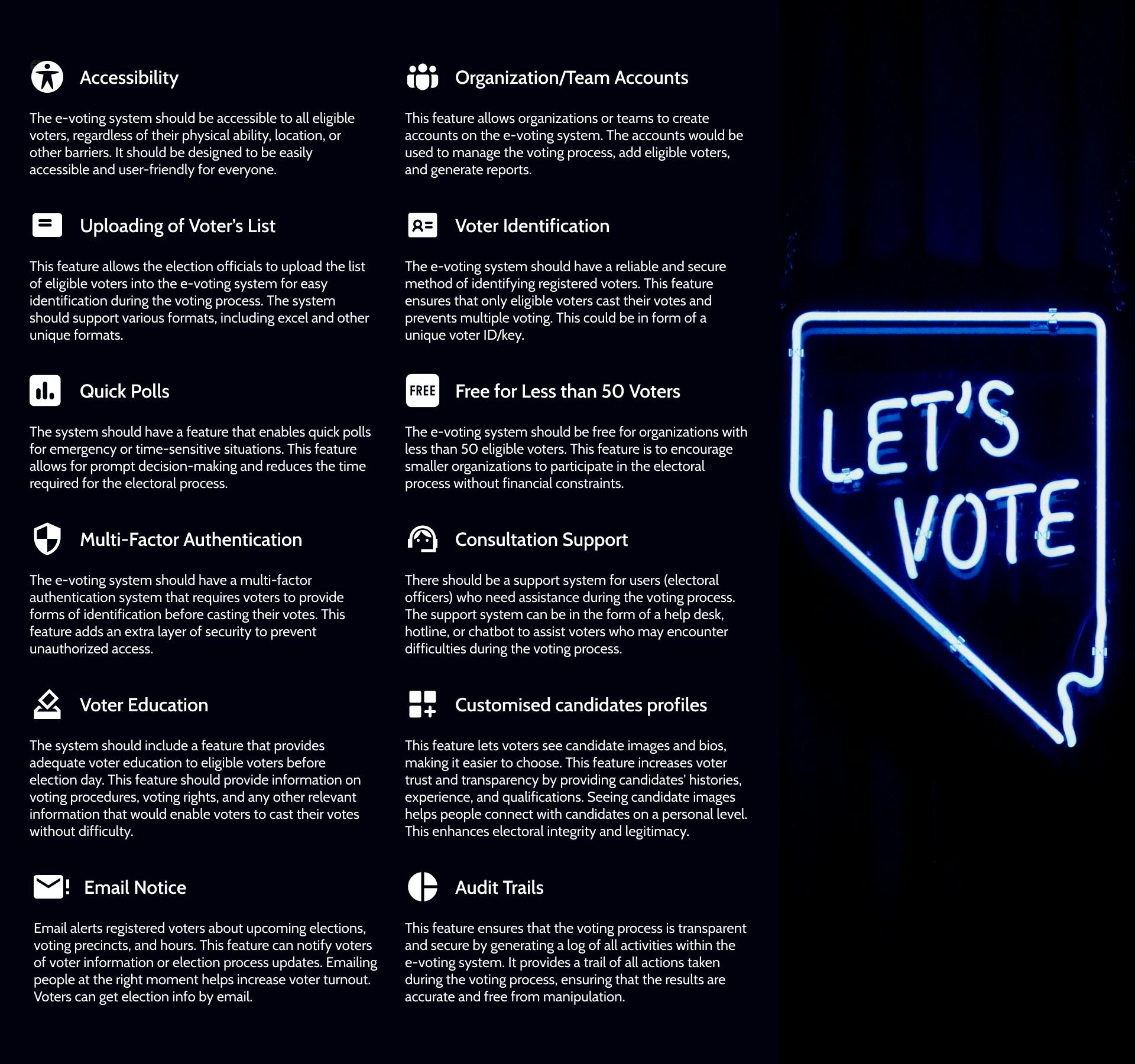 An informational graphic with the text "LET'S VOTE" in neon light style on the right side. The left side lists features of an e-voting system, including:- Accessibility- Uploading of Voter's List- Quick Polls- Multi-Factor Authentication- Voter Education- Organization/Team Accounts- Voter Identification- Free for Less Than 50 Voters- Consultation Support- Customized Candidates Profiles- Email Notice- Audit Trails