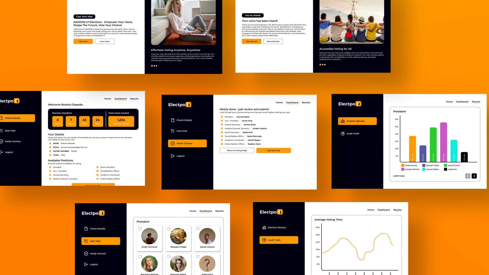 A collage of screenshots from Electpoll. The images showcase various features, including casting votes, verifying choices, checking election results, and a countdown to the election deadline. One screenshot displays a user dashboard with details, while another shows election results with a bar chart. The platform emphasizes effortless and accessible voting.