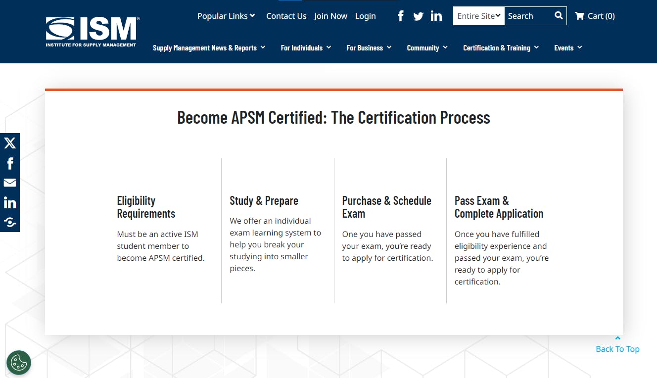 A screenshot of the APSM certification process