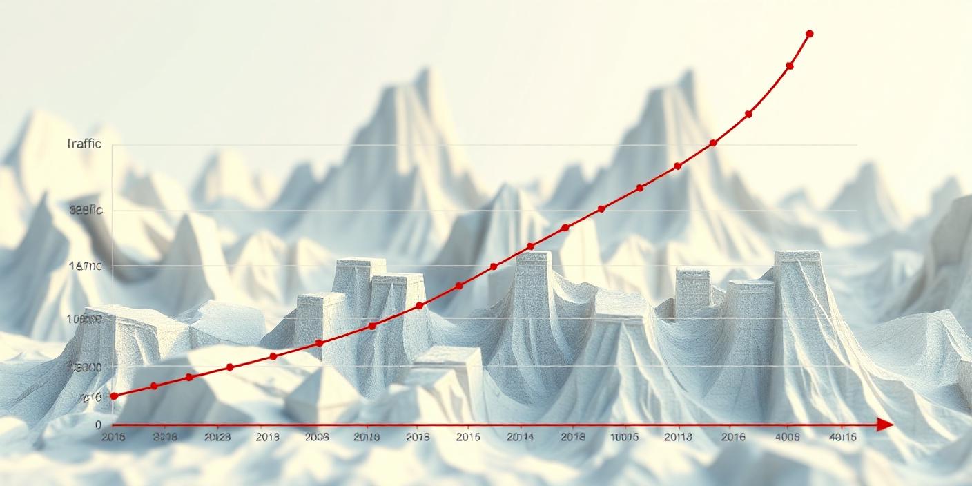 A 3D graph shows traffic data over several years, with a red line representing an upward trend amidst a background of simulated mountain-like peaks.