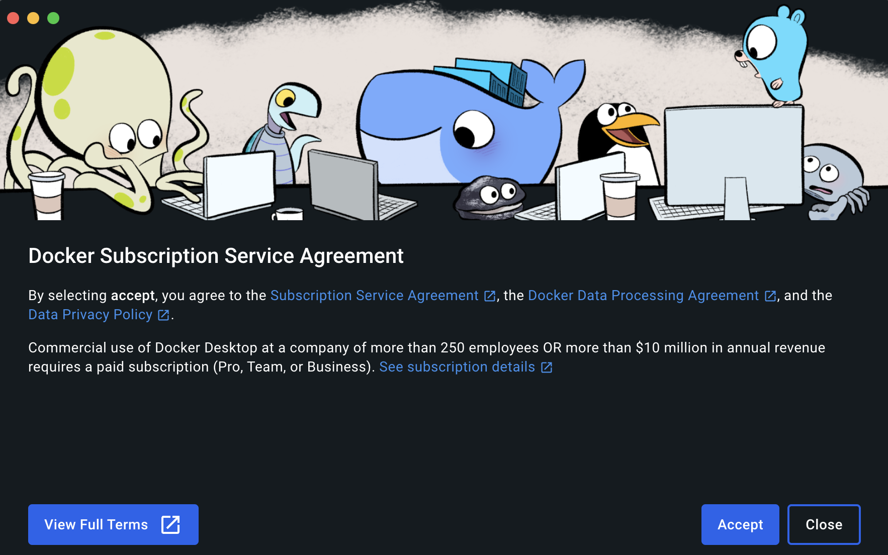 An example of how Docker Desktop license agreement looks like