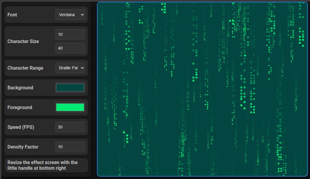 A matrix-style effect interface with options for font, character size, character range, background, foreground, speed, density factor, and resizing the effect screen.