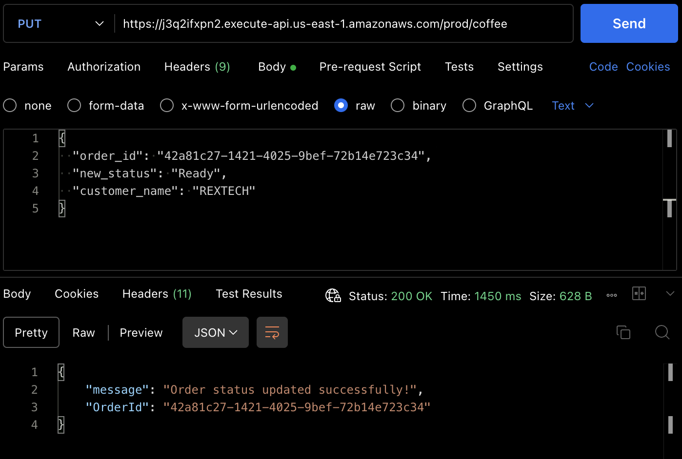 Testing the PUT method using Postman.