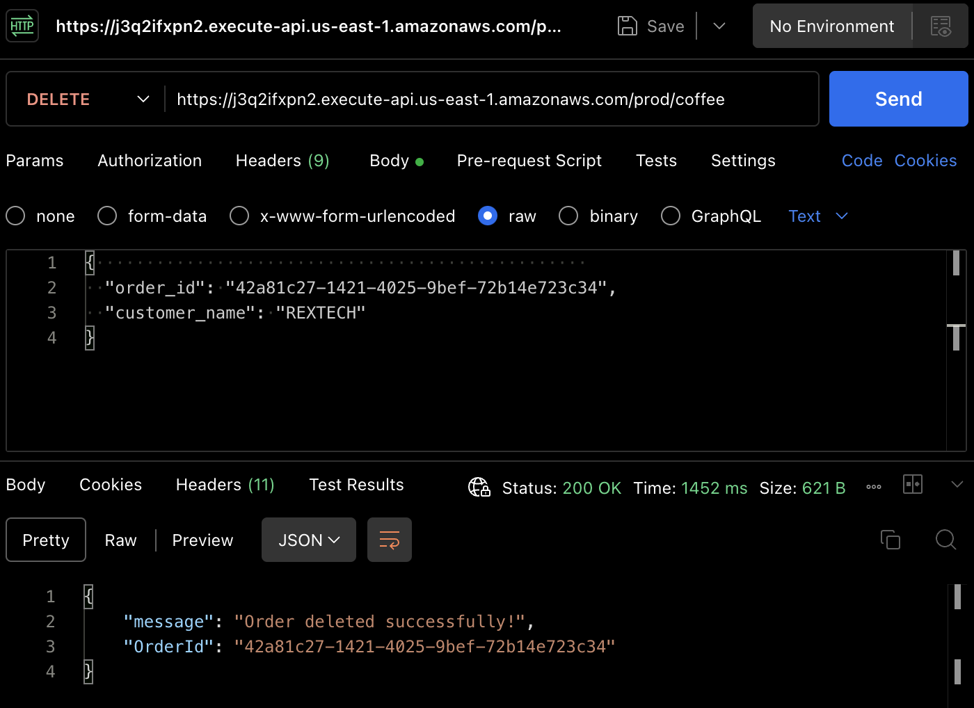 Testing the DELETE method using Postman.