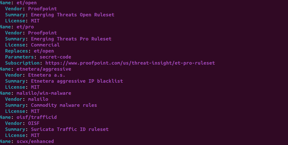 A list of different sources ofr rules which can be activated in the suricata.rule file