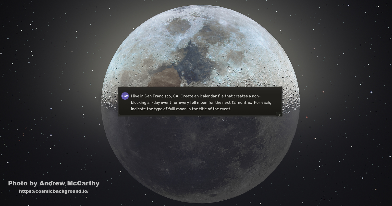 Stupid but useful AI tricks: Creating calendar entries for upcoming full moons using Claude 3.5 Sonnet