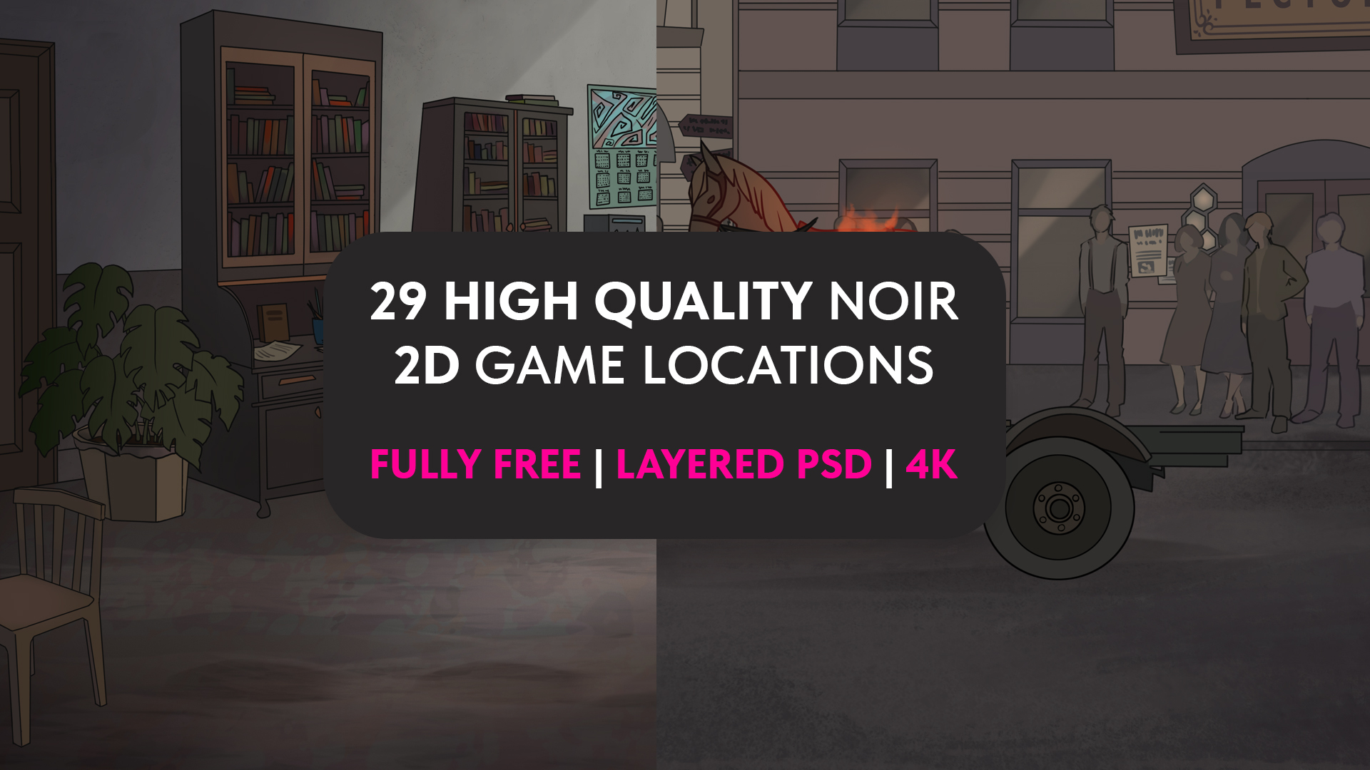 2D Free Noir Game Backgrounds - 4K Layered PSD