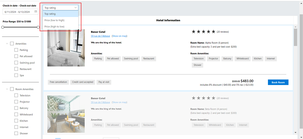 Sorting hotel rooms by rating and budget