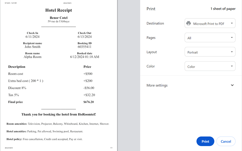 Printing the hotel receipt