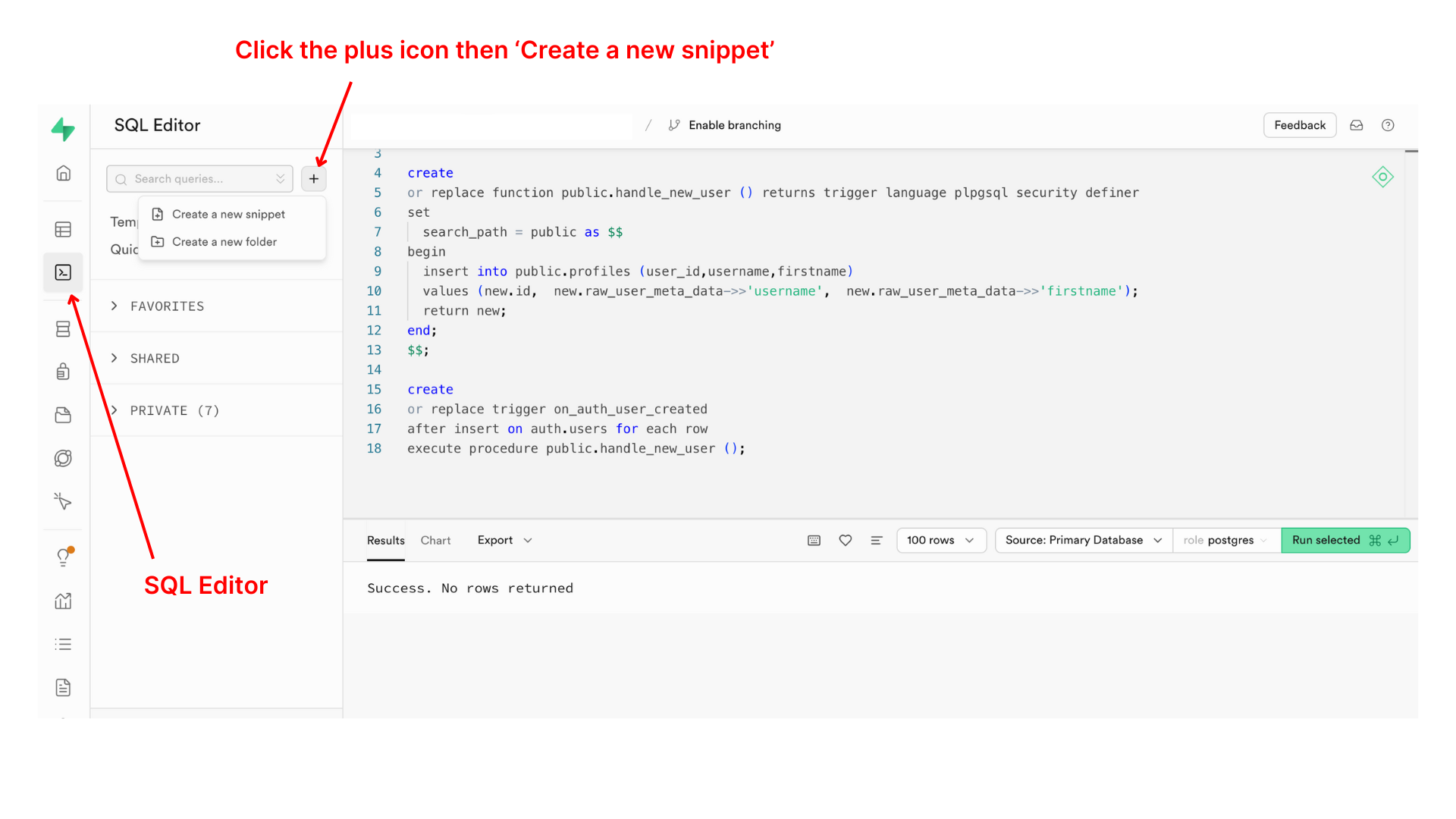 How to add a trigger using the SQL Editor in Supabase