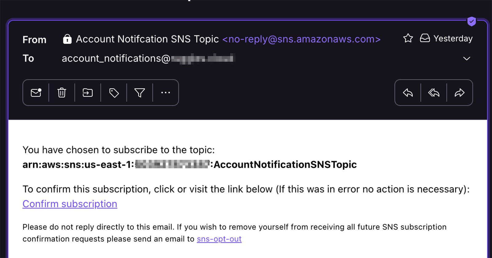 SNS Confirmation email