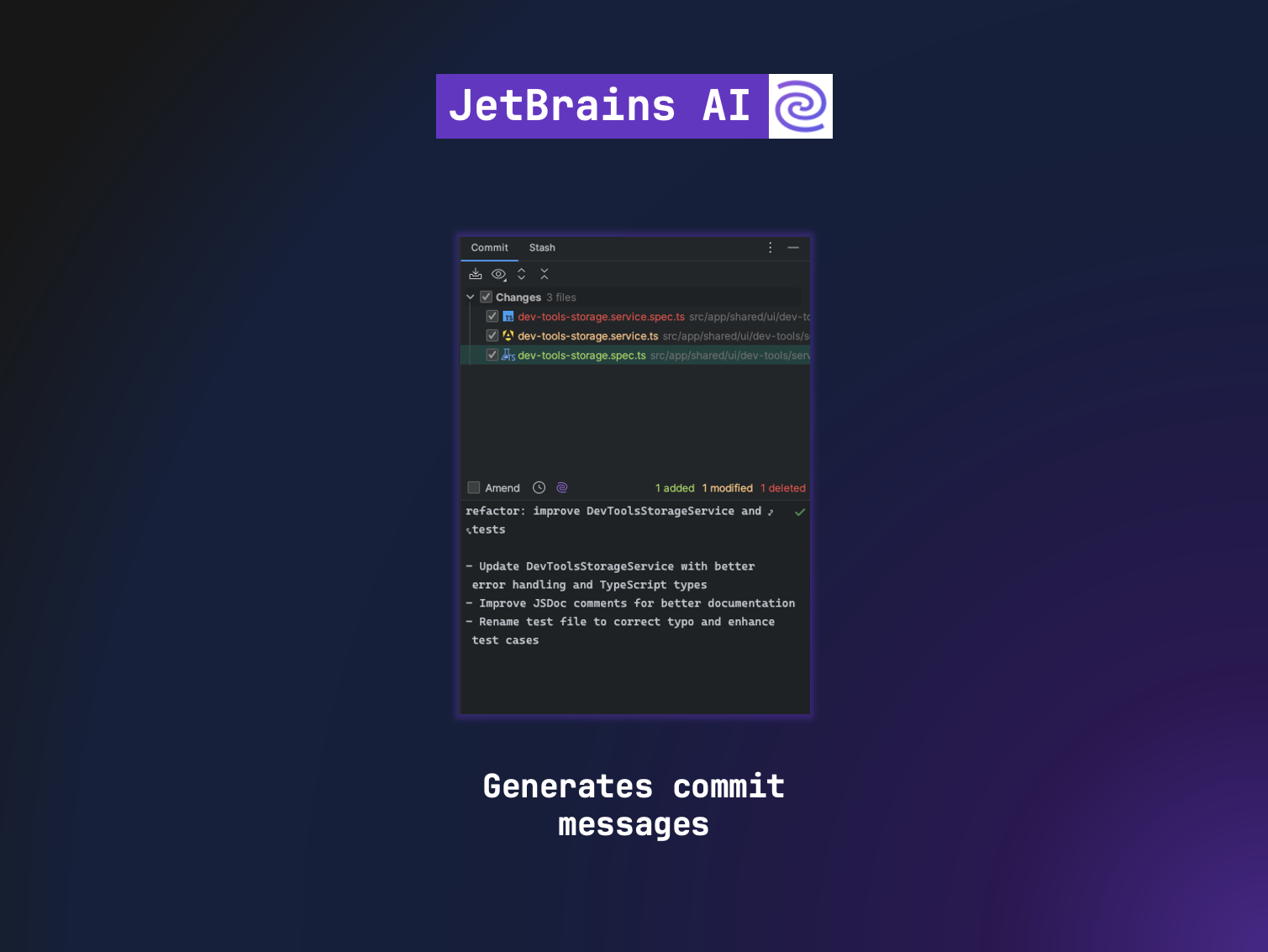 Screenshot of a JetBrains AI tool generating commit messages for a code repository. The tool lists file changes and suggested commit messages for improvements and refactoring in the code. 