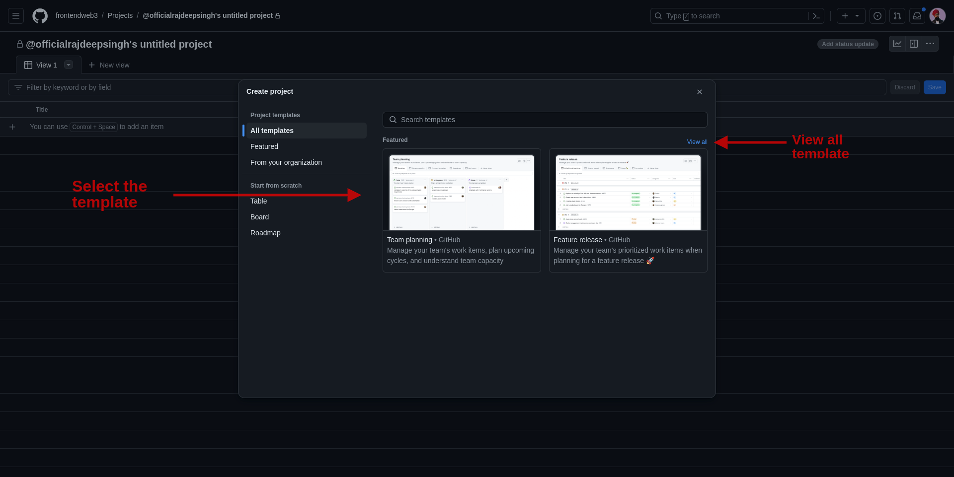 Select the template for your project.