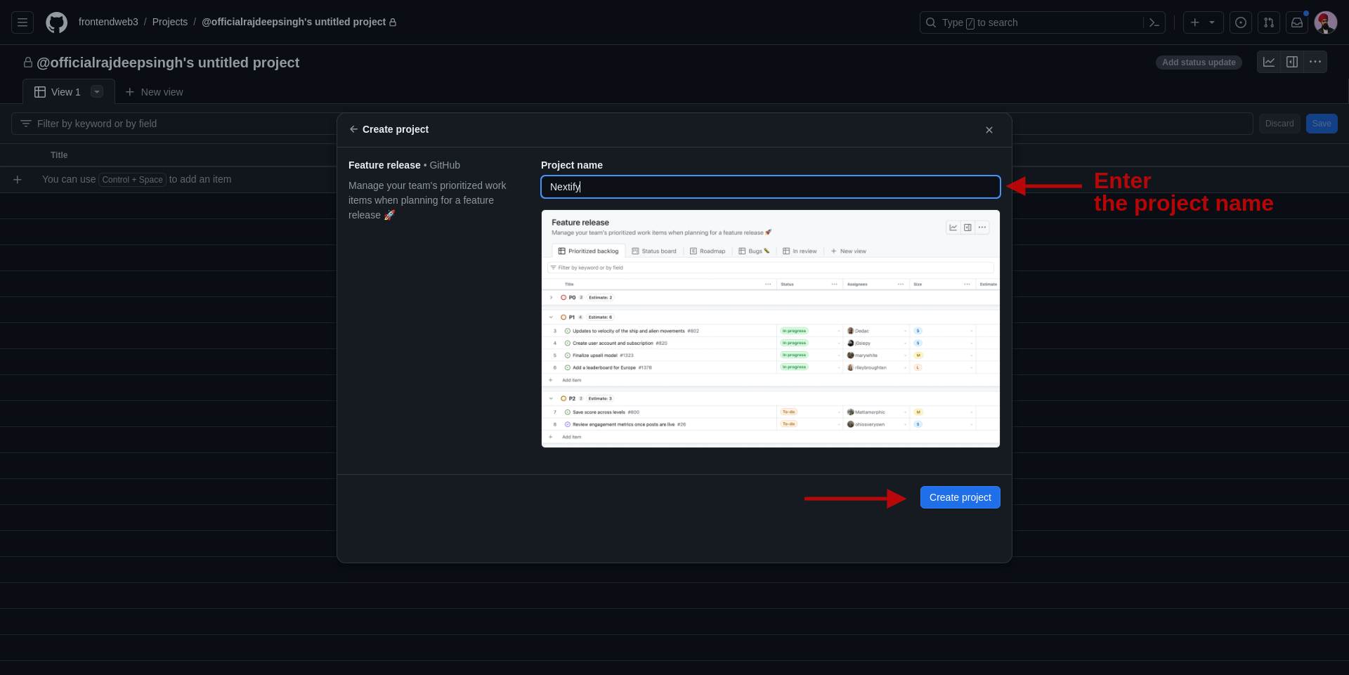 Create a project with the selected template.