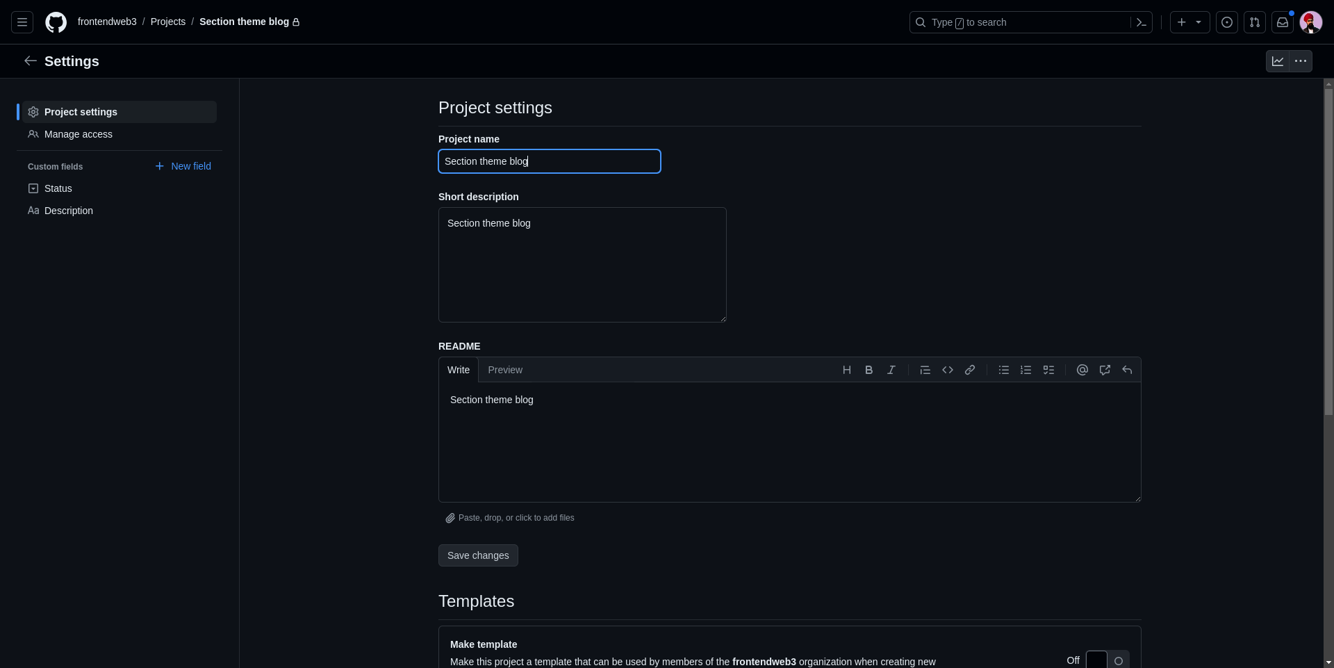 Project settings page