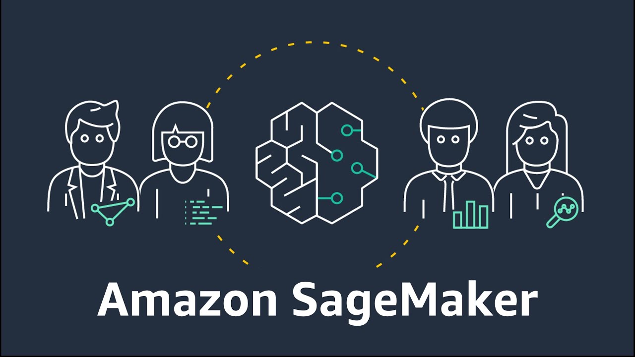 Illustration showing four stylized figures with technical symbols, surrounding an abstract brain-like design, depicting collaboration and technology. The text "Amazon SageMaker" is at the bottom.