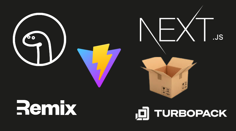 Logos of various web development frameworks and tools on a black background, which include: Deno, Vite, Next.js, Remix, Turbopack, and an open cardboard box.