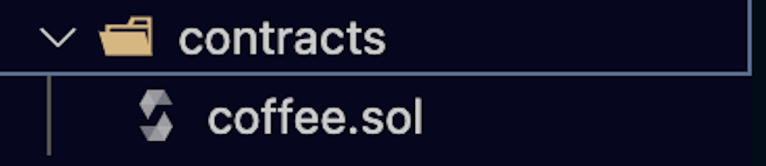 A file directory is shown with a folder named "contracts" and a file named "coffee.sol" inside the folder.